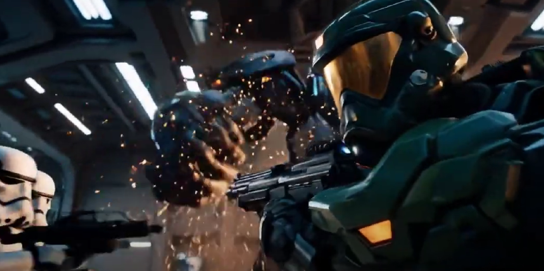 Spartan Master Chief and 100 Stormtroopers battle one angry gorilla